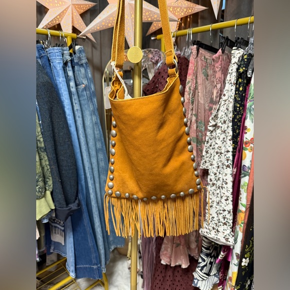 Free People Catalina Studded Suede Fringe Crossbody Bag in Cognac - Picture 8 of 8